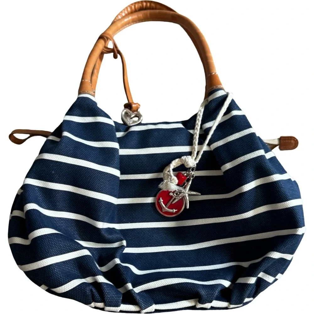 Brighton Brewster Nautical Stripe Shoulder Bag Anchor Charm Blue White & Charms‎
